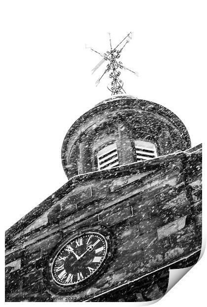 Church clock in the snow Print by Gary Turner