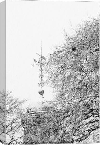 Snow covered church spire Canvas Print by Gary Turner
