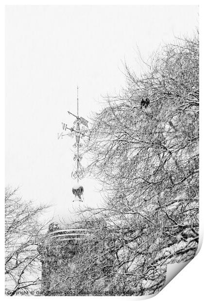 Snow covered church spire Print by Gary Turner