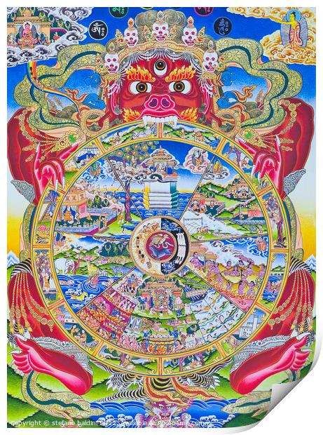 Wheel of life Mandala , depicting the Kalachakra or deluded exis Print by stefano baldini