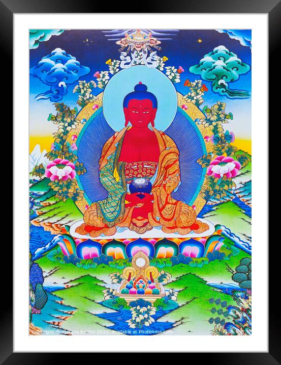 Image depicting Amitabha Buddha seated on a lotus, Nepal Framed Mounted Print by stefano baldini