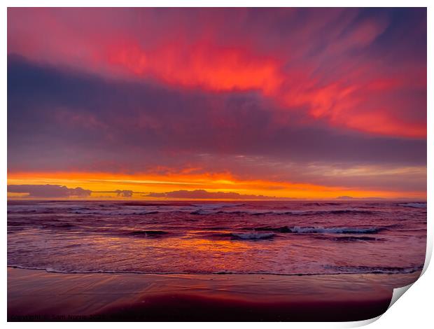 Red sunset over beach Print by Sam Norris