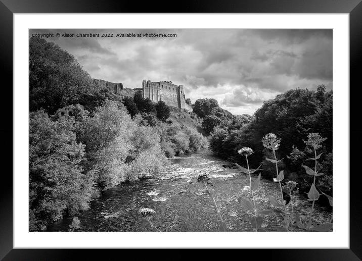Richmond Castle Above River Swale Monochrome  Framed Mounted Print by Alison Chambers