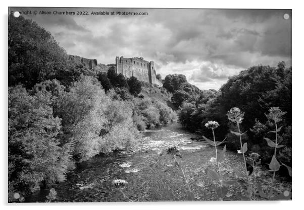 Richmond Castle Above River Swale Monochrome  Acrylic by Alison Chambers