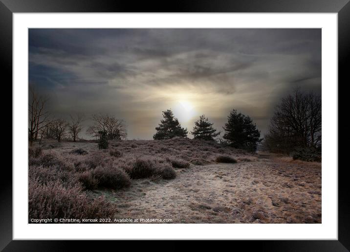 Winter Sun Rising and Silhouetting Trees Framed Mounted Print by Christine Kerioak