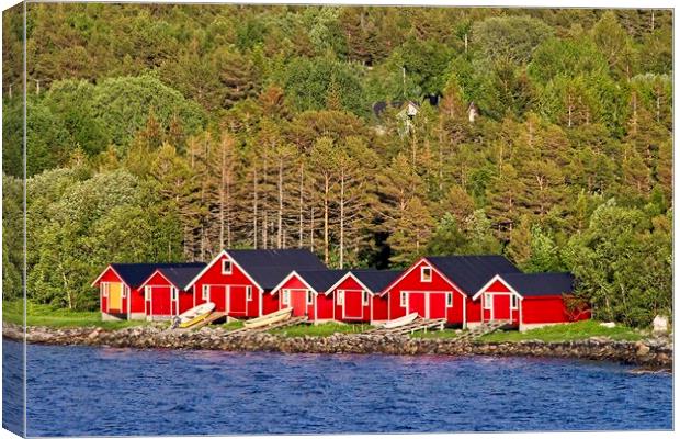 Red Boathouses in Norway Canvas Print by Martyn Arnold