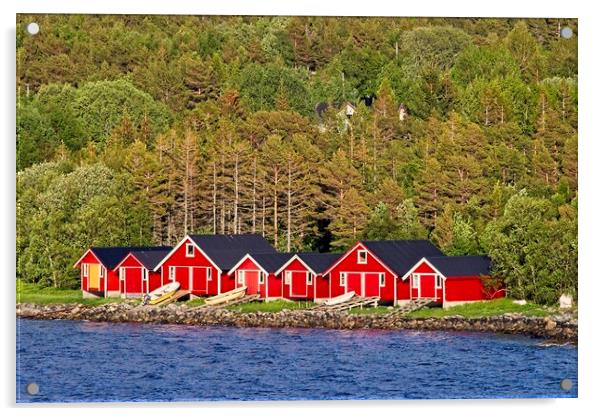 Red Boathouses in Norway Acrylic by Martyn Arnold