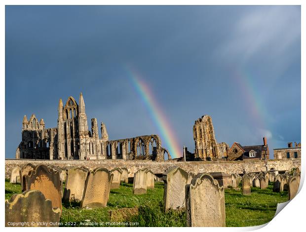A double rainbow over Whitby Abbey, Yorkshire Print by Vicky Outen