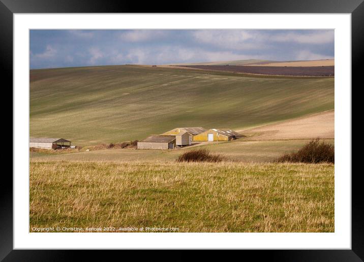 Farm Buildings and Rolling Fields, South Downs Framed Mounted Print by Christine Kerioak