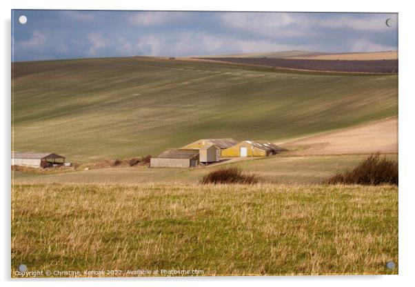 Farm Buildings and Rolling Fields, South Downs Acrylic by Christine Kerioak
