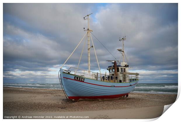 Fishing boat moored at Thorup Strand Print by Andreas Himmler