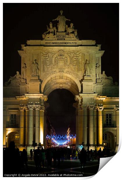 The Rua Augusta Arch at Night in Lisbon Print by Angelo DeVal