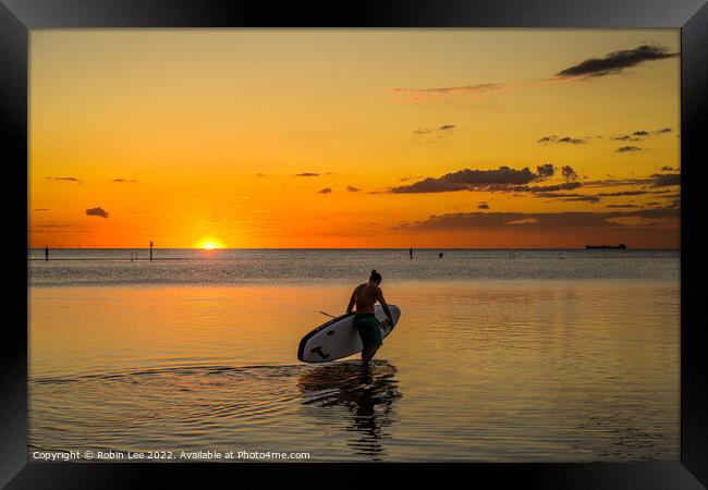 Paddleboarder at sunset  Framed Print by Robin Lee