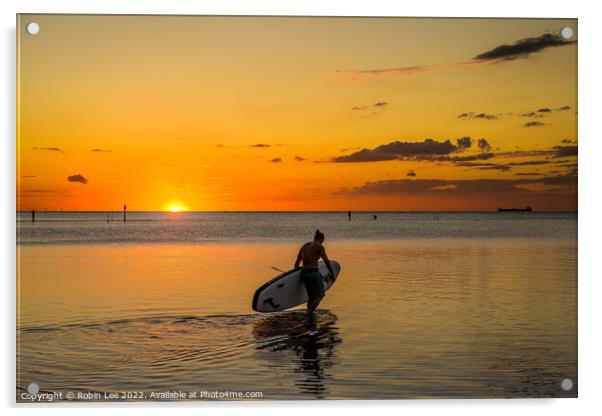 Paddleboarder at sunset  Acrylic by Robin Lee