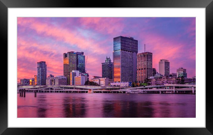 Brisbane City Skyline at Sunset Framed Mounted Print by John Frid