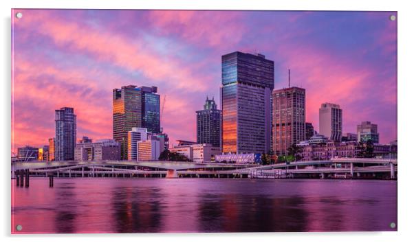 Brisbane City Skyline at Sunset Acrylic by John Frid