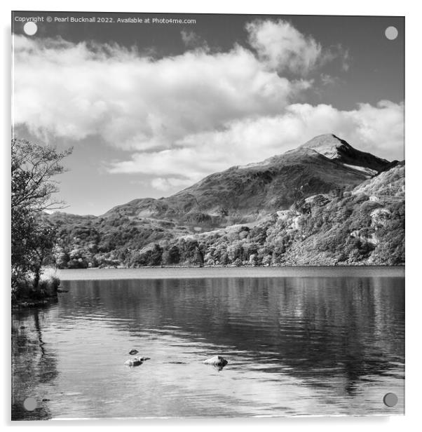 Yr Aran across Llyn Gwynant Snowdonia in Mono Acrylic by Pearl Bucknall