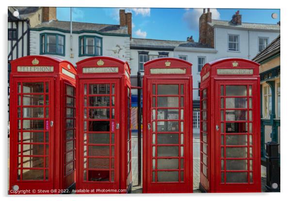 A Row of Four Red Traditional Telephone Boxes. Acrylic by Steve Gill