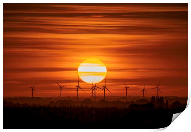 Sunset behind Tick Fen windfarm, Cambridgeshire, 7th August 2022 Print by Andrew Sharpe