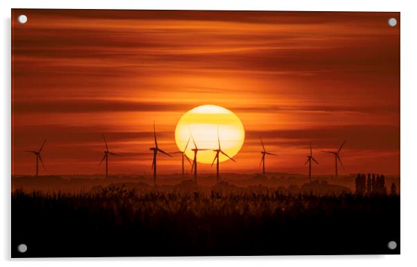Sunset behind Tick Fen windfarm, Cambridgeshire, 7th August 2022 Acrylic by Andrew Sharpe