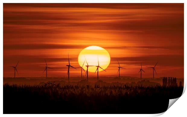 Sunset behind Tick Fen windfarm, Cambridgeshire, 7th August 2022 Print by Andrew Sharpe