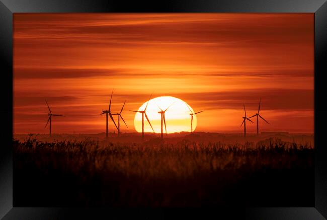 Sunset behind Tick Fen windfarm, Cambridgeshire, 7th August 2022 Framed Print by Andrew Sharpe
