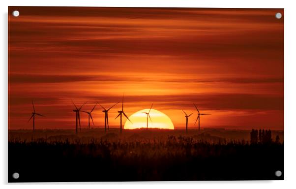 Sunset behind Tick Fen windfarm, Cambridgeshire, 7th August 2022 Acrylic by Andrew Sharpe