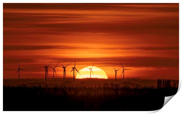 Sunset behind Tick Fen windfarm, Cambridgeshire, 7th August 2022 Print by Andrew Sharpe