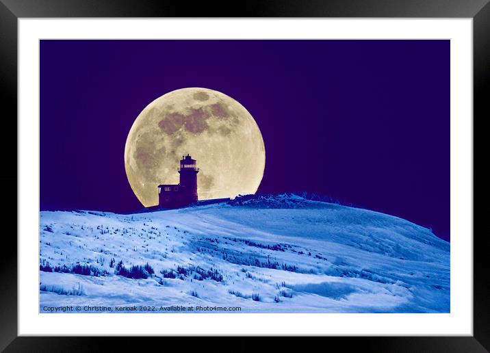 Big Moon in the Snow Silhouetting Lighthouse Framed Mounted Print by Christine Kerioak