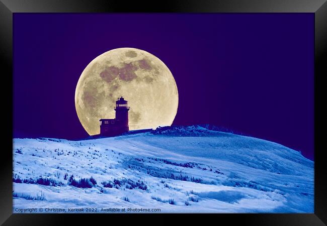 Big Moon in the Snow Silhouetting Lighthouse Framed Print by Christine Kerioak