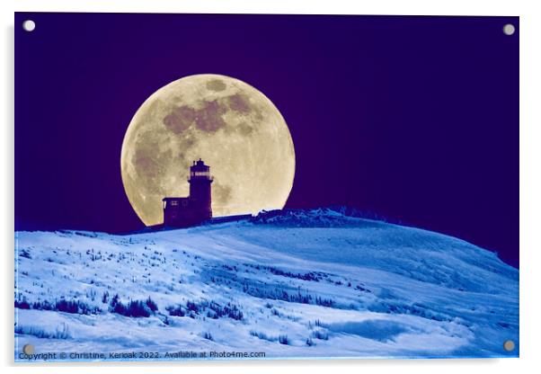 Big Moon in the Snow Silhouetting Lighthouse Acrylic by Christine Kerioak