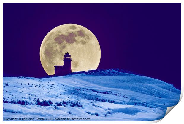Big Moon in the Snow Silhouetting Lighthouse Print by Christine Kerioak