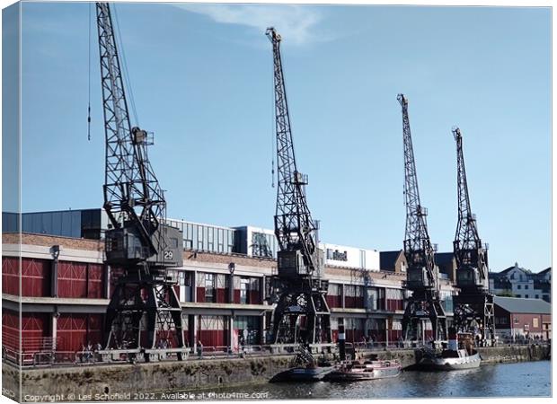 The cranes of Bristol docks Canvas Print by Les Schofield