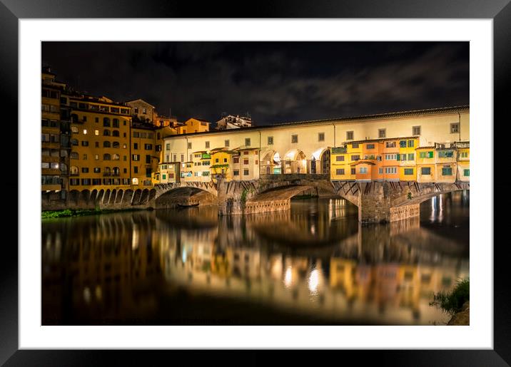 Ponte Vecchio in Florence at night Framed Mounted Print by Simo Wave