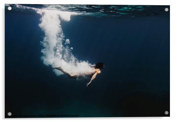 Woman diving underwater Acrylic by Simo Wave
