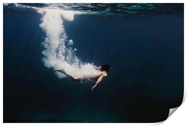 Woman diving underwater Print by Simo Wave