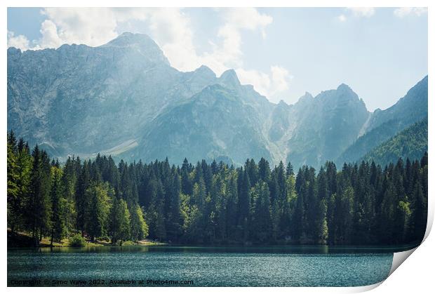 Coniferous and Alpine lake Print by Simo Wave