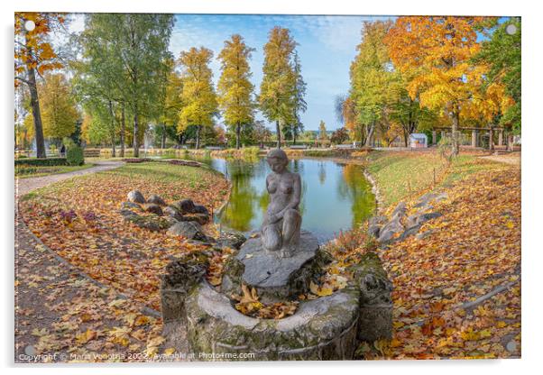 Autumn park landscape with small lake and female statue.  Acrylic by Maria Vonotna