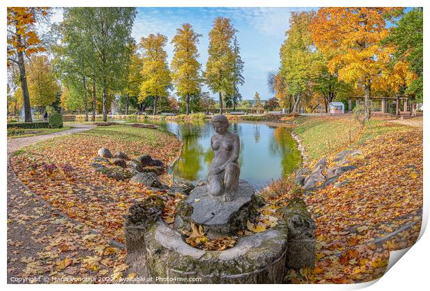 Autumn park landscape with small lake and female statue.  Print by Maria Vonotna