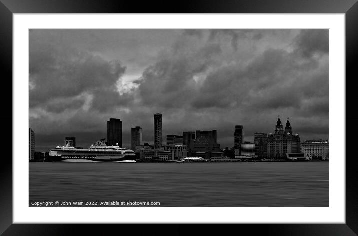 Liverpool Waterfront Skyline (Black and White) Framed Mounted Print by John Wain