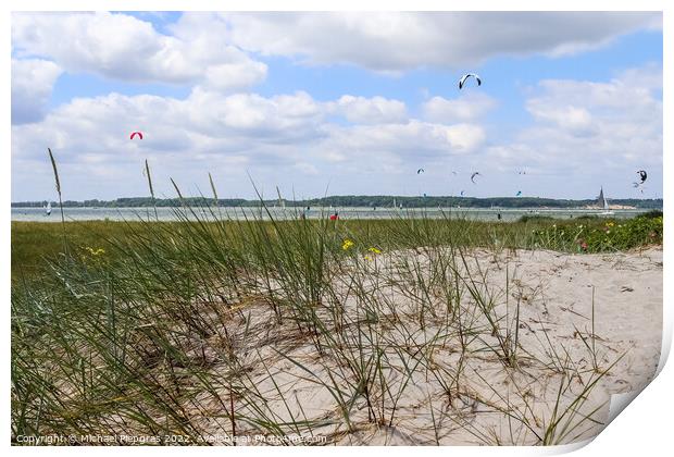 Lots of kite surfing activity at the Baltic Sea beach of Laboe Print by Michael Piepgras