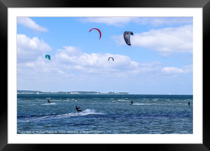 Lots of kite surfing activity at the Baltic Sea beach of Laboe i Framed Mounted Print by Michael Piepgras