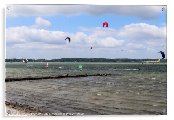 Lots of kite surfing activity at the Baltic Sea beach of Laboe i Acrylic by Michael Piepgras