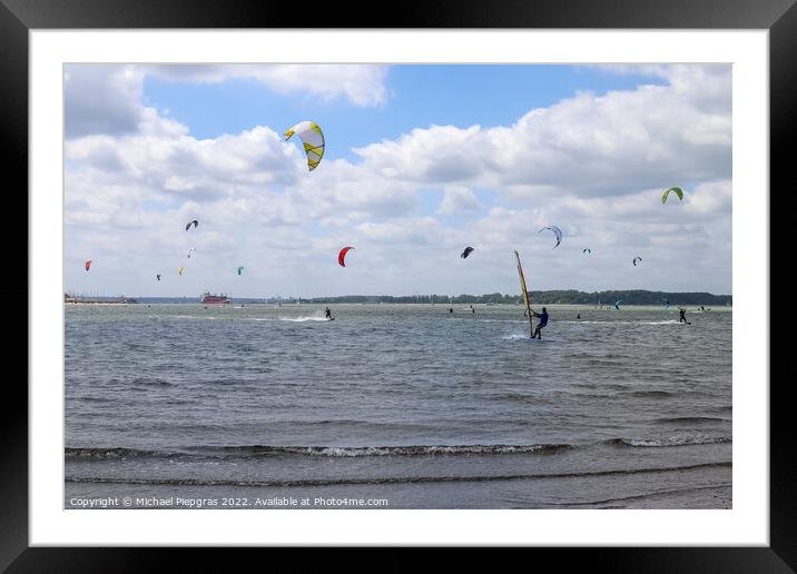 Lots of kite surfing activity at the Baltic Sea beach of Laboe i Framed Mounted Print by Michael Piepgras