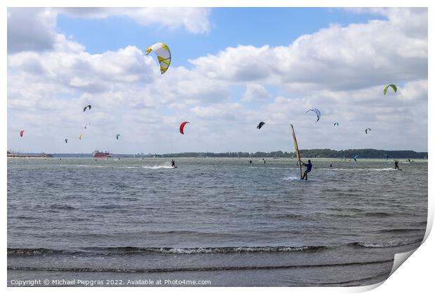 Lots of kite surfing activity at the Baltic Sea beach of Laboe i Print by Michael Piepgras