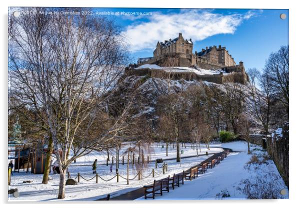 Edinburgh Castle snow from Princes Street Gardens Acrylic by Angus McComiskey