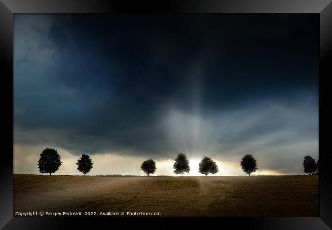 Trees during a sever thunderstorm. The sun is setting behind the storm on the horizon. The landscape is barren and dry. Framed Print by Sergey Fedoskin