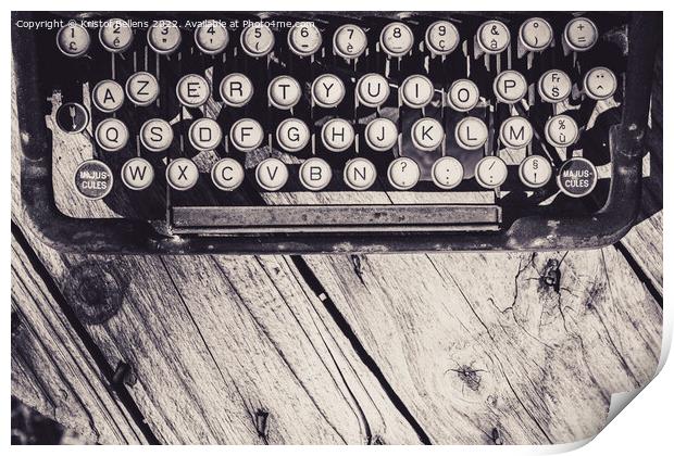 Old and weathered antique typewriter keyboard on wooden background in greyscale. Print by Kristof Bellens