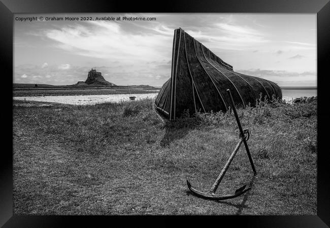 lindisfarne castle from the boat sheds monochrome Framed Print by Graham Moore