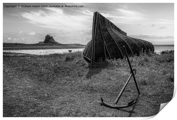 lindisfarne castle from the boat sheds monochrome Print by Graham Moore